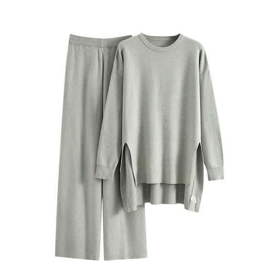 Women Cozy Sweaters 2 Piece Long Sleeve Jumper Side Slit Crewneck Knit Shirts High Low Sweater Top & Wide Leg Pants Casual Matching Tracksuit Home Travel Outfits Comfy Trendy Clothing