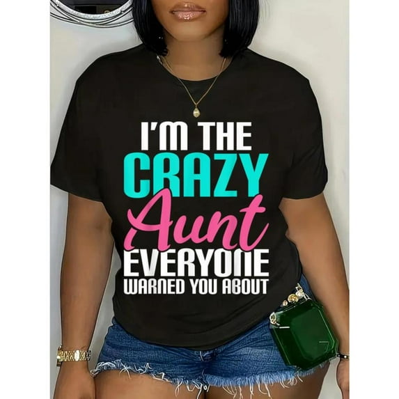 Women Crazy Aunt Graphic Comfortable T Shirt Casual Breathable Short Sleeve Round Neck Top Black S-5XL