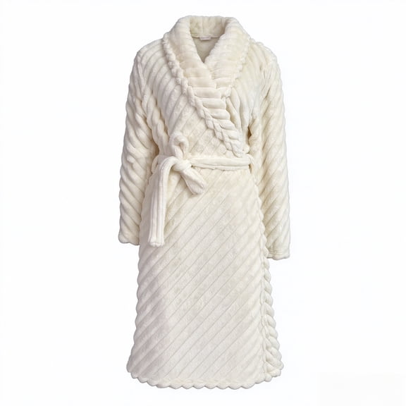 Qeils Women's Cream White Flannel Long Bathrobe, Shawl Collar Wrap Robe with Self-Tie Belt, Scalloped Edge Loungewear