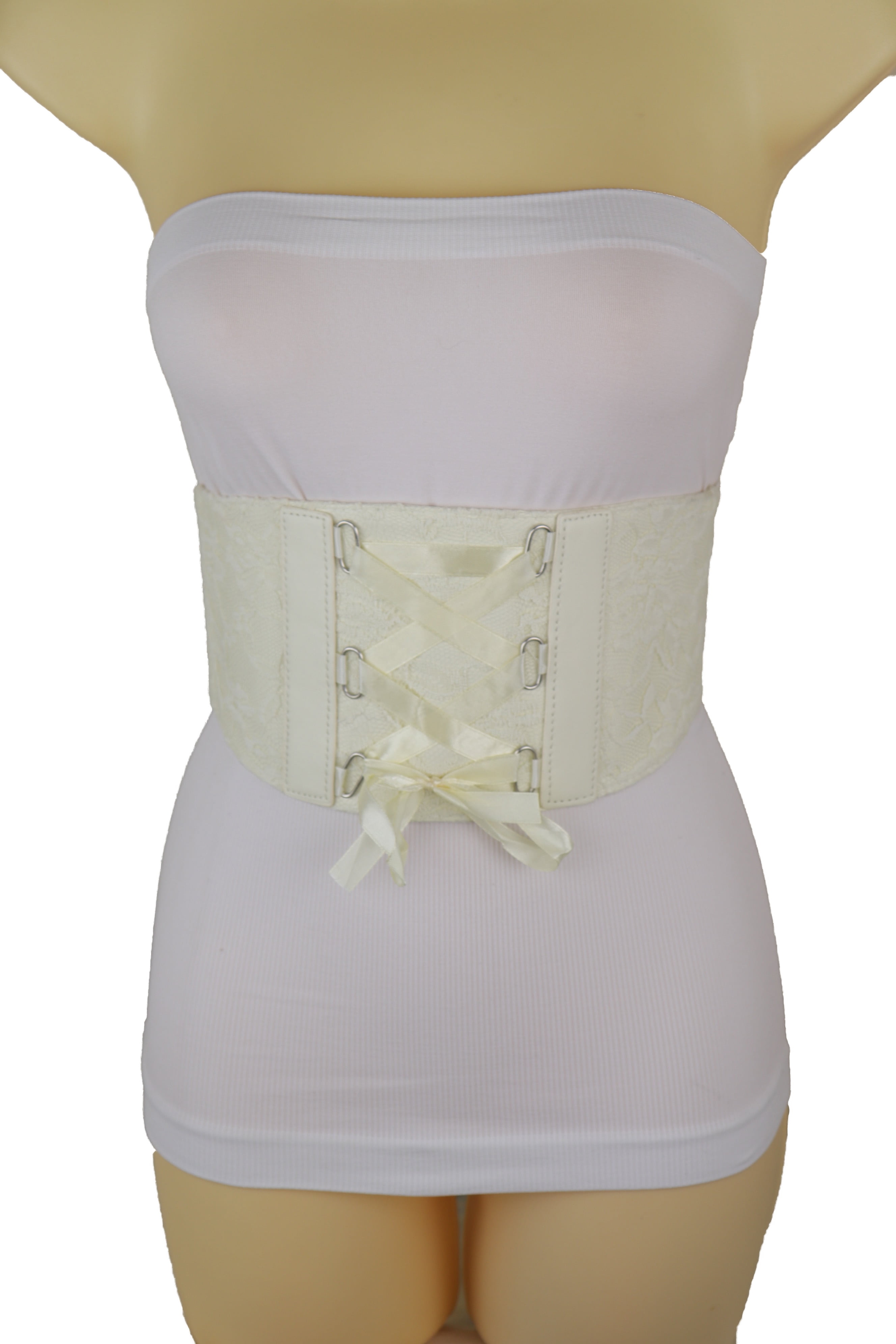 Women Cream Wide Elastic Tie Floral Lace Corset Belt Size S M