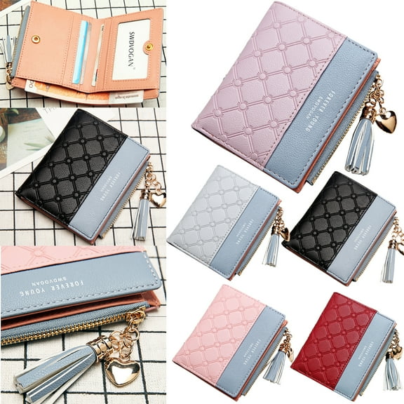 Women Credit Card Holder with Zipper, Embossed Faux Leather Credit Card Short Wallet Women Card Cases,4 Card Slots Travel Bank Cards Bag Coin Purse with Tassel