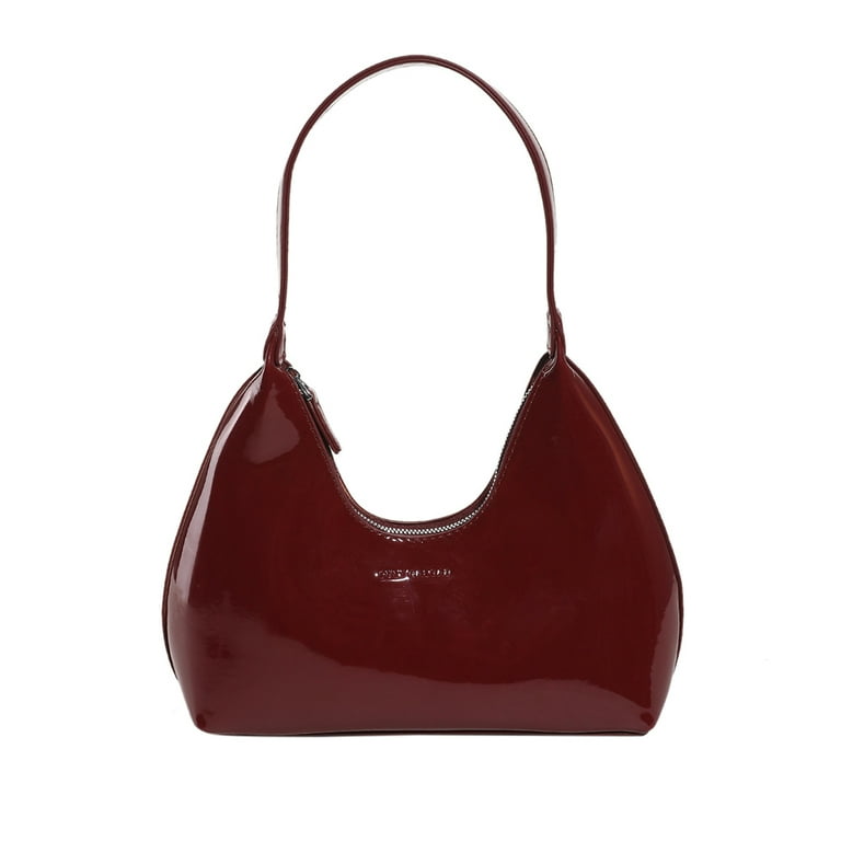 Women Crescent Bag Casual Patent Leather Tote Bag Girl Shopper Purse Wine Red