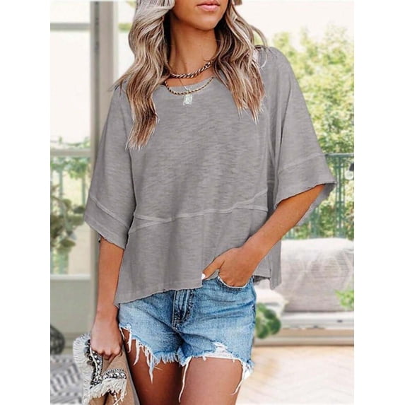 Women Crew‑Neck Batwing Half‑Sleeve Tee, Solid‑Color Loose‑Fit Flowy Casual Summer Tops