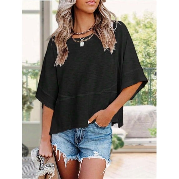 Women Crew‑Neck Batwing Half‑Sleeve Tee, Solid‑Color Loose‑Fit Flowy Casual Summer Tops