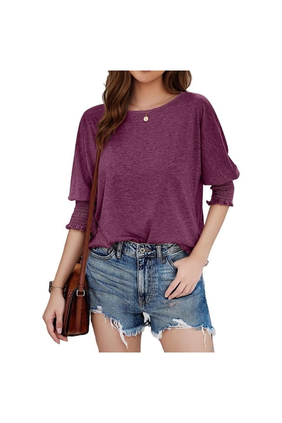 Women Crew Neck Casual Tunic Tops Long Sleeve Shirts Wine red S