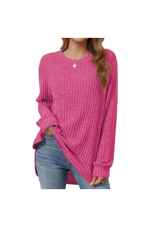 Women Crew Neck Casual Tunic Tops Rose Red S