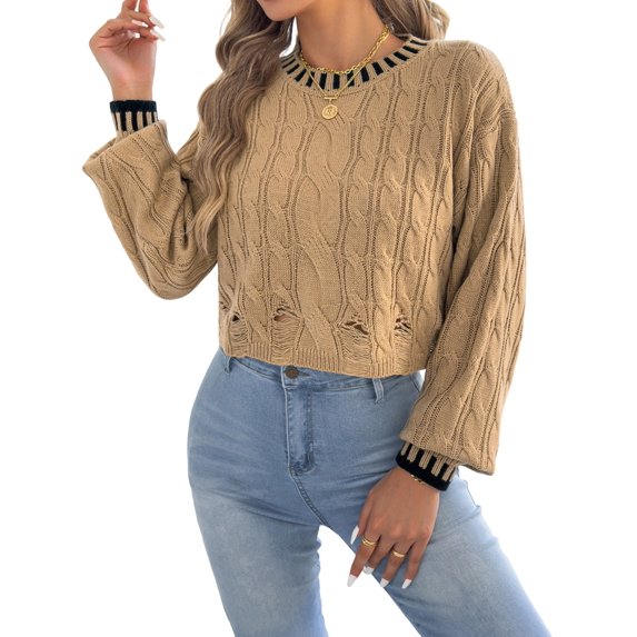 Women Crew Neck Contrast Striped Knit Long Sleeve Loose Cropped Fit Casual Knit Pullover Sweater Khaki XL