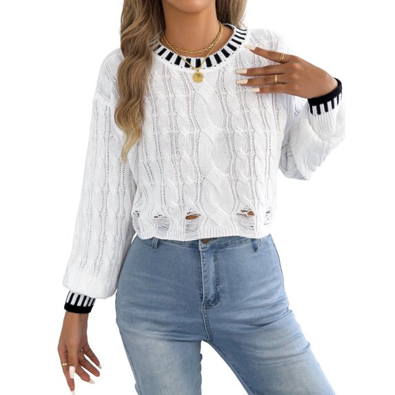 Women Crew Neck Contrast Striped Knit Long Sleeve Loose Cropped Fit Casual Knit Pullover Sweater White S