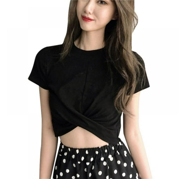 Women Crew Neck Crop Tops Tummy Cross Short Sleeve Sport Shirt Tank Tops