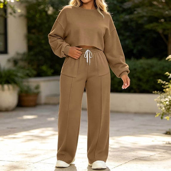 Women Crew Neck Cropped Sweatshirt Drawstring Wide Leg Pants 2 Piece Athletic Workout Outfit Sets Khaki M