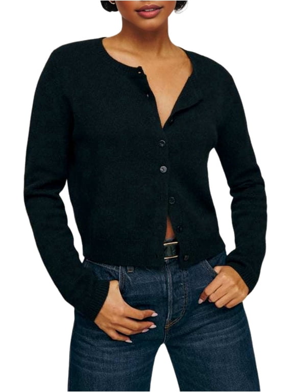 Women Crew Neck Drop Shoulder Button Down Cropped Knit Cardigan Black L