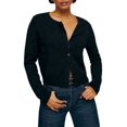 thumbnail image 1 of Women Crew Neck Drop Shoulder Button Down Cropped Knit Cardigan Black S, 1 of 7