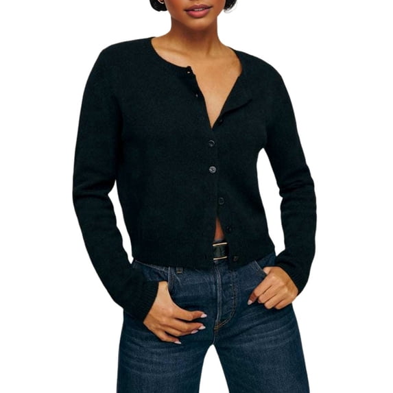 Women Crew Neck Drop Shoulder Button Down Cropped Knit Cardigan Black S