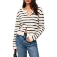 thumbnail image 1 of Women Crew Neck Drop Shoulder Button Down Cropped Knit Cardigan Black & White S, 1 of 7
