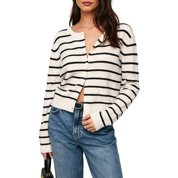 Women Crew Neck Drop Shoulder Button Down Cropped Knit Cardigan Black & White S