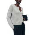 thumbnail image 1 of Women Crew Neck Drop Shoulder Button Down Cropped Knit Cardigan White Flower Ash M, 1 of 7