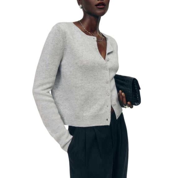 Women Crew Neck Drop Shoulder Button Down Cropped Knit Cardigan White Flower Ash M