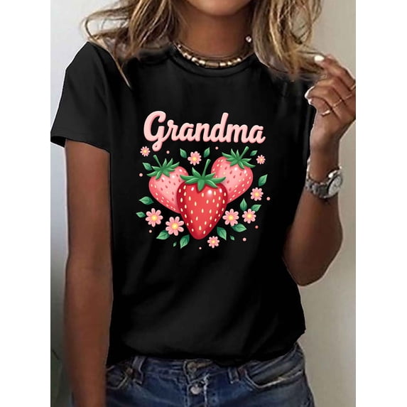 Women Crew Neck Grandma Strawberry Floral Graphic Print Short Sleeve Casual T-Shirt for Spring Summer