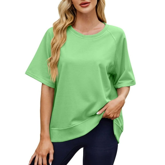 Women Crew Neck Half Sleeve Sweatshirt Tops Summer Loose Elbow Length Tee Shirts Business Casual Blouses