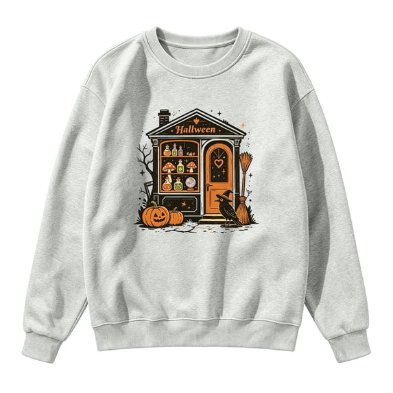 Women Crew Neck Halloween Witch House Graphic Sweatshirt, Drop‑Shoulder Long Sleeve Loose Pullover, Vintage Retro Fall Holiday Top for Halloween Party Trick‑or‑Treat Daily Wear