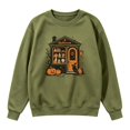 thumbnail image 1 of Women Crew Neck Halloween Witch House Graphic Sweatshirt, Drop‑Shoulder Long Sleeve Loose Pullover, Vintage Retro Fall Holiday Top for Halloween Party Trick‑or‑Treat Daily Wear, 1 of 4