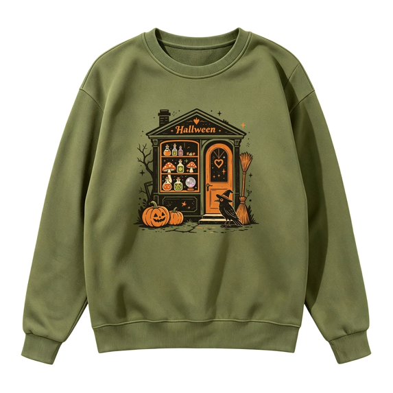 Women Crew Neck Halloween Witch House Graphic Sweatshirt, Drop‑Shoulder Long Sleeve Loose Pullover, Vintage Retro Fall Holiday Top for Halloween Party Trick‑or‑Treat Daily Wear