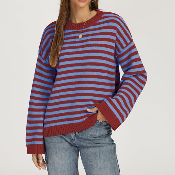 Women Crew Neck Horizontal Stripe Drop Shoulder Long Sleeve Loose Knit Sweater Fall Casual Pullover L