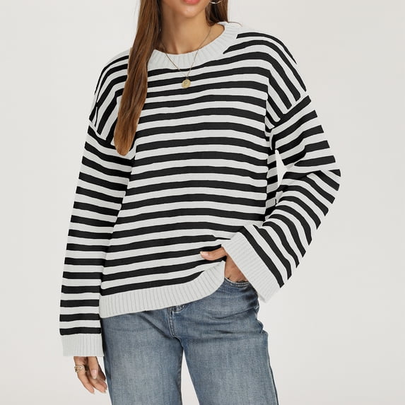 Women Crew Neck Horizontal Stripe Drop Shoulder Long Sleeve Loose Knit Sweater Fall Casual Pullover M