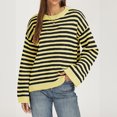 thumbnail image 1 of Women Crew Neck Horizontal Stripe Drop Shoulder Long Sleeve Loose Knit Sweater Fall Casual Pullover S, 1 of 5