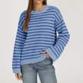 thumbnail image 1 of Women Crew Neck Horizontal Stripe Drop Shoulder Long Sleeve Loose Knit Sweater Fall Casual Pullover S, 1 of 5