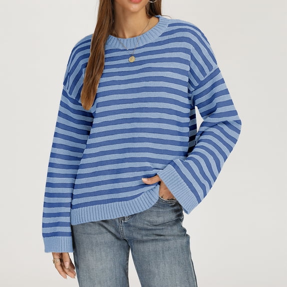 Women Crew Neck Horizontal Stripe Drop Shoulder Long Sleeve Loose Knit Sweater Fall Casual Pullover S