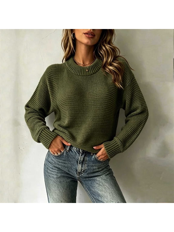 Women Crew Neck Knit Pullover Drop Shoulder Long Sleeve Loose Fitting Soft Cozy Textured Sweater for Fall Winter Casual Street Daily Wear S