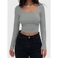 thumbnail image 1 of Women Crew Neck Knitted Crop Shirt Long Sleeve Low Cut Basic Solid Tee Sexy Cutout Blouse Top Streetwear, 1 of 6