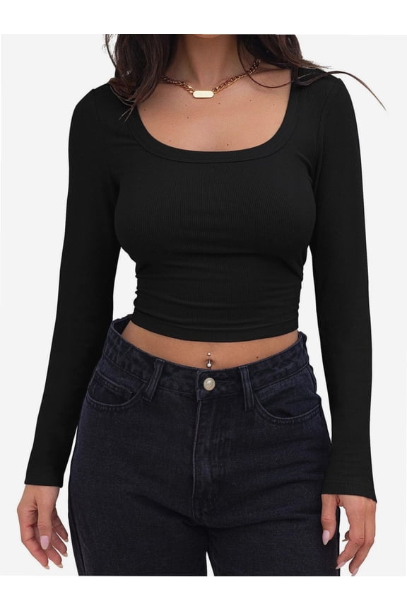 Women Crew Neck Knitted Crop Shirt Long Sleeve Low Cut Basic Solid Tee Sexy Cutout Blouse Top Streetwear