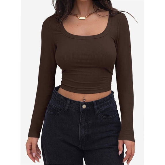 Women Crew Neck Knitted Crop Shirt Long Sleeve Low Cut Basic Solid Tee Sexy Cutout Blouse Top Streetwear