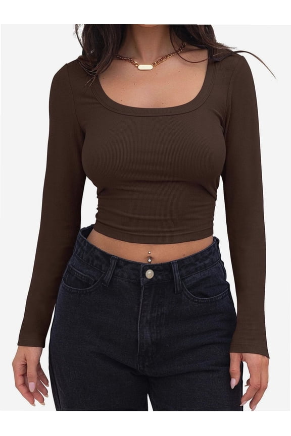 Women Crew Neck Knitted Crop Shirt Long Sleeve Low Cut Basic Solid Tee Sexy Cutout Blouse Top Streetwear