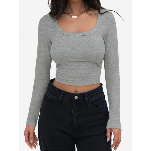 Women Crew Neck Knitted Crop Shirt Long Sleeve Low Cut Basic Solid Tee Sexy Cutout Blouse Top Streetwear