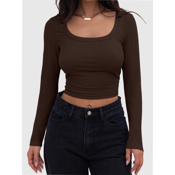 Women Crew Neck Knitted Crop Shirt Long Sleeve Low Cut Basic Solid Tee Sexy Cutout Blouse Top Streetwear