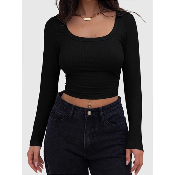 Women Crew Neck Knitted Crop Shirt Long Sleeve Low Cut Basic Solid Tee Sexy Cutout Blouse Top Streetwear