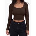 thumbnail image 1 of Women Crew Neck Knitted Crop Shirt Long Sleeve Low Cut Basic Solid Tee Sexy Cutout Blouse Top Streetwear, 1 of 6