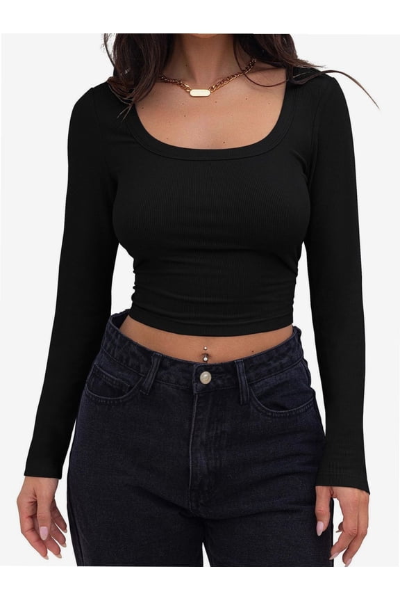 Women Crew Neck Knitted Crop Shirt Long Sleeve Low Cut Basic Solid Tee Sexy Cutout Blouse Top Streetwear