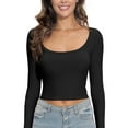 thumbnail image 1 of Women Crew Neck Knitted Crop Shirt Long Sleeve Low Cut Basic Solid Tee Sexy Cutout Blouse Top Streetwear, 1 of 8