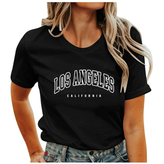 Women Crew Neck Letter Printed Short Sleeve O Neck T Shirt Top