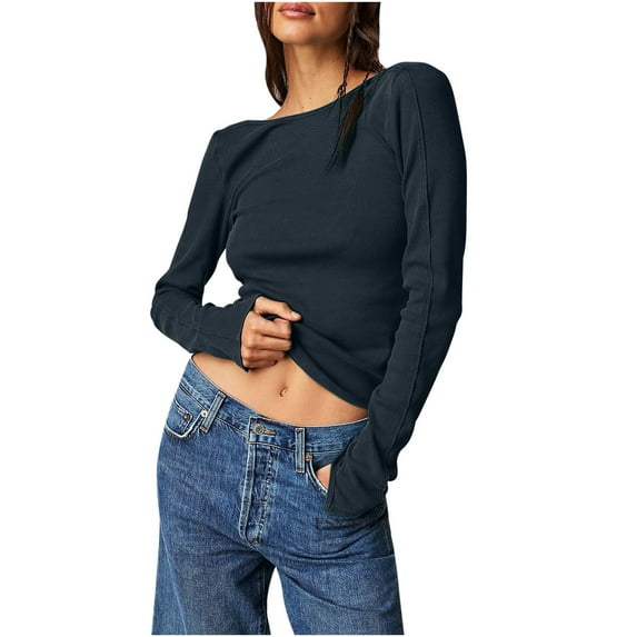 Women Crew Neck Long Sleeve Ribbed Knit Tops for Fall Winter Spring Casual Basic Tee Shirts Blouses Fashion (Medium, Gray)