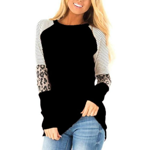 Women Crew Neck Long Sleeve Stripes Leopard Print Top