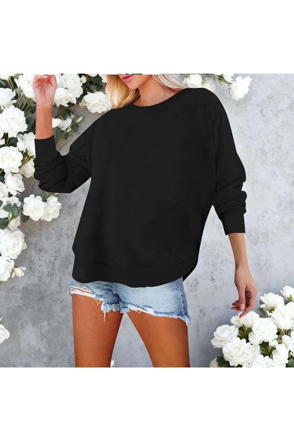 Women Crew Neck Long Sleeve Sweatshirt Casual Relaxed Cropped Pullover Fleece Lined Warm Tops Black M