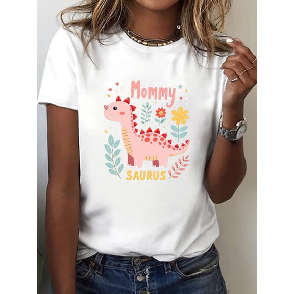 Women Crew Neck Mommy Saurus Graphic Print Short Sleeve Casual T-Shirt for Spring Summer