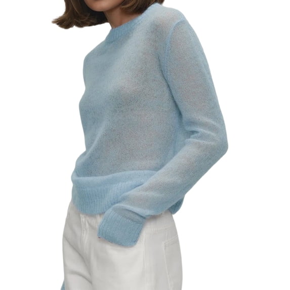 Women Crew Neck Open Weave Semi-Sheer Slim Fit Long Sleeve Layering Knit Pullover Sweater Blue M