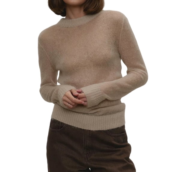 Women Crew Neck Open Weave Semi-Sheer Slim Fit Long Sleeve Layering Knit Pullover Sweater Khaki L