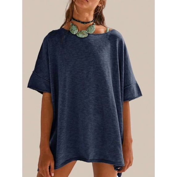 Women Crew‑Neck Oversized Short‑Sleeve T‑Shirt, Loose Drop‑Shoulder Side‑Slit Hem Casual Summer Tunic Blouse Tops